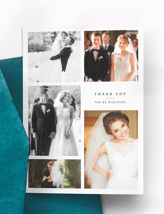 A wedding thank you card with a full photo of the bride and groom. It is printed with a personal message.