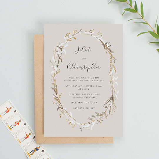 Wedding Invitation (Rustic) - "Metallic Wreath" A rustic floral wedding invitation made of an unusual gold, white and brown wildflower wreath. This is a portrait wedding invitation with an earthy background and modern text.