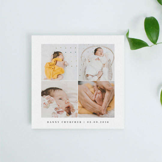 Baby Birth Announcement Card - "4 Frame" A white baby birth announcement card with 4 square photos on it. It has the baby boy’s date of birth and name printed at the bottom.
