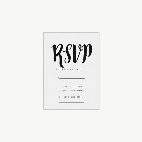 RSVP Card - "Black Typography" A simple, portrait wedding response card. It has a handwritten effect “RSVP” at the top in black. Underneath it has section where wedding guest can fill in information about their attendance and dietary requirements.
