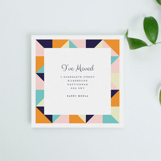 Change of Address Card - "Sloane Squares" A modern change of address notification card with a colourful, thick border. The moving home card is square with a playful font reading “I’ve Moved” in the middle