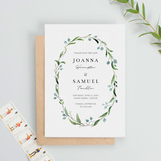 Wedding Save the Date Card (Classic) - "Thin Watercolour Wreath (Save the Date)" A floral, classic wedding save the date card. It is a white card with a green and blue watercolour floral wreath. In the middle of the floral wreath, the save the date has the details of a wedding printed.