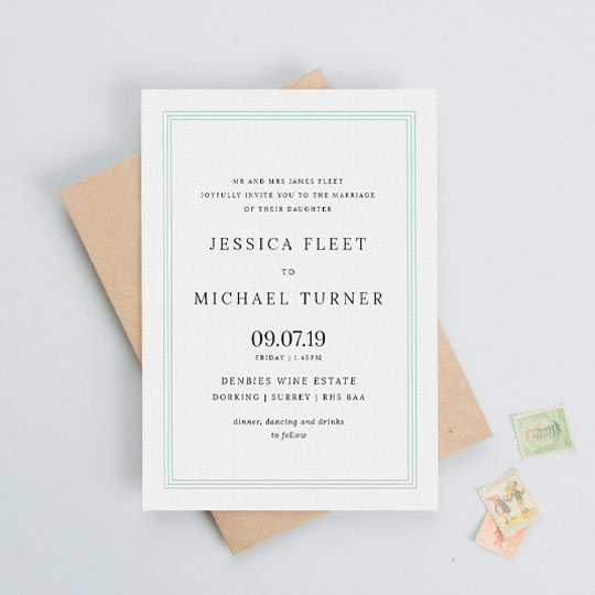 Wedding Invitation (Classic) - "Border in Three" A very classic wedding invitation design with a subtle green border comprised of three thin lines. The rest of the invite is white with black text.