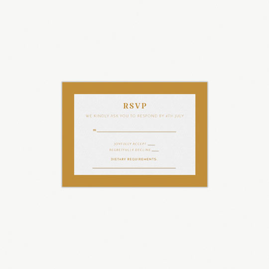 Wedding RSVP Card - "Bold border (RSVP Card)" A simple RSVP card for a wedding. It has RSVP printed at the top in orange. The response card has a strong orange border and section print in the middle for wedding guest to fill out and return.