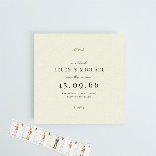 Wedding Save the Date Card (Vintage) - "Simple flourish (Save the Date)" A vintage, square wedding save the date card. The card has a cream background with gold flourished at the top and bottom. This save the date has an art deco feel to it.