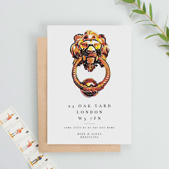 Change of Address Card - "Brass Knocker" A moving home card in portrait orientation. It has a large, painted bras door knocker in the shape of a lion. Underneath is a new address and a personalised message of thanks