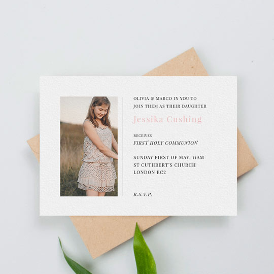 First Holy Communion Invite - "Simple Side Frame" A simple, white communion invitation design. It has a picture of a girl with text to the right. The text has details about a first holy communion service.