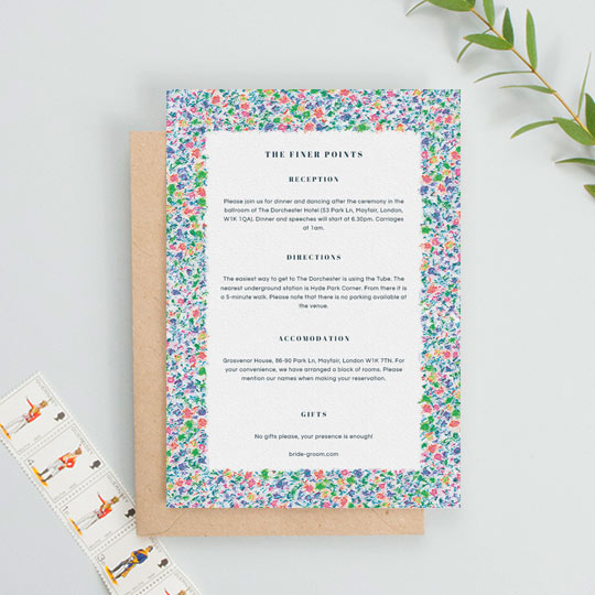 Wedding Information Insert - "The faraway garden (Information Insert)" A floral wedding insert sheet containing information on an upcoming wedding. The information font is blue and classic.