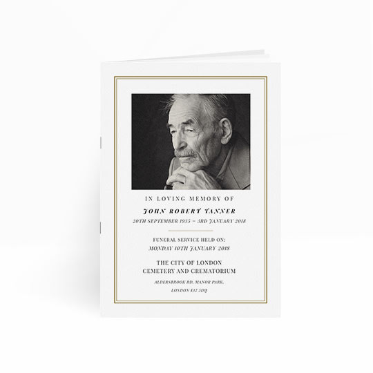 Funeral Order of Service - "Thinking of you" A classic and simple order of service for a funeral. It is a multi-paged order of service booklet with a white front cover, gold border and black and white photo.
