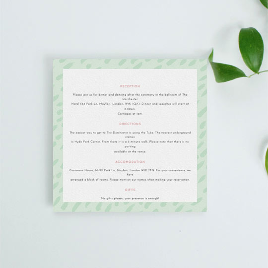 Wedding Information Sheet - "Green Strokes (Information Insert)" A square wedding information insert sheet with a modern green border. The font is black with pink headers.
