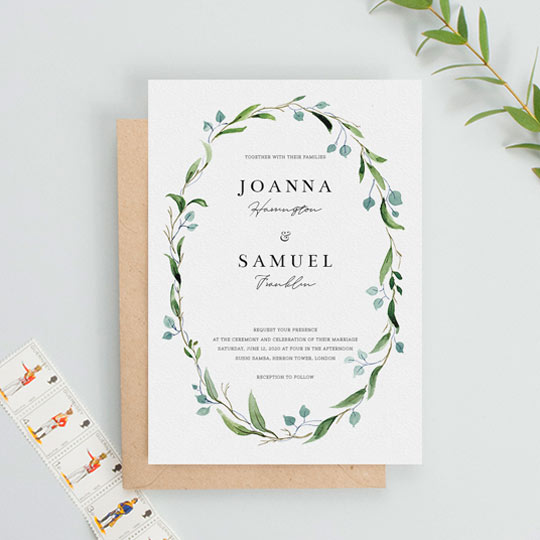 Wedding Invitation - "Thin Watercolour Wreath (Wedding Invitation)" An elegant and floral wedding invitation with a beautiful green and blue watercolour wreath. The centre of the wedding invite has text made up of several contrasting fonts.