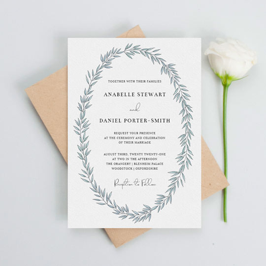 Wedding Invitation (Modern) - "Tussled Wreath" A modern floral wedding invitation design with a light blue abstract wreath on a white background. The wedding invitation’s text is printed in black.