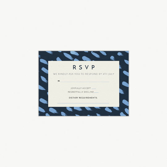 Wedding Response Card - "Blue strokes (RSVP Card)" A modern, blue and white wedding response card. It has RSVP printed at the top of the card. The border is navy blue, with light blue daubs of paint running diagonally.