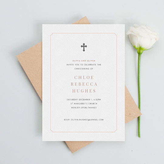Christening Invitation Card - "Pink with Grey Cross" A classic christening invitation card with a religious crucifix in the top middle of the invite. There is a pink notch border and the information for a baby girl’s christening in the middle