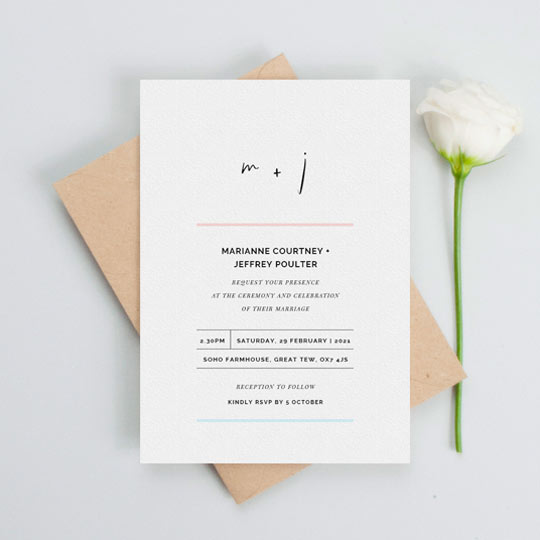 Wedding Invitation (Simple) - "Top and Bottom" A simple and modern wedding invitation card design with minimalist design features. The top of the wedding invitation has a modern monogram using a quirky font. The rest of the wedding invitation is divided by simple blue and pink lines.