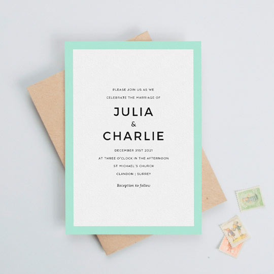 Wedding Invitation (Simple) - "Slight Frame" A modern and simple wedding invitation card design with a bold, mint blue border. The wedding invitation has a lot of white space around some centralised wedding invite text in a bold, sans-serif font.
