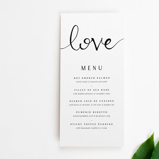 Wedding Reception Menu - "Under written" A modern and simple wedding men design with the word “Love” written in calligraphy at the top. The menu is tall and thin, and sized roughly to Din Long (DL) size.