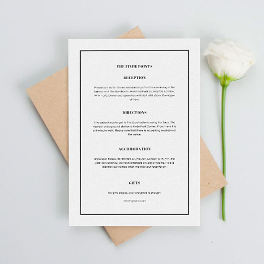 Wedding Info Sheet - "Deco orange (Information Insert)" A simple wedding information insert card to match with a wedding invite. It has a thin black border with a few paragraphs of text containing information about and upcoming wedding.