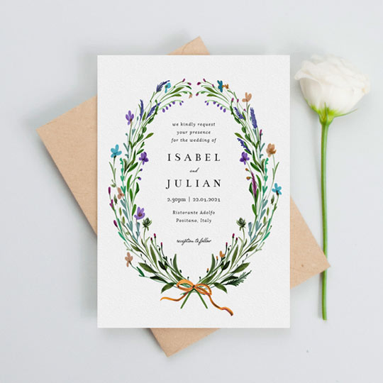 Wedding Invitation (Rustic) - "Spring Wreath" A rustic floral wedding invitation made of painted wildflowers. The wreath is very rustic, and frames centralised black text.