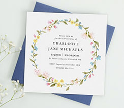 A beautiful, square christening invitation with floral design